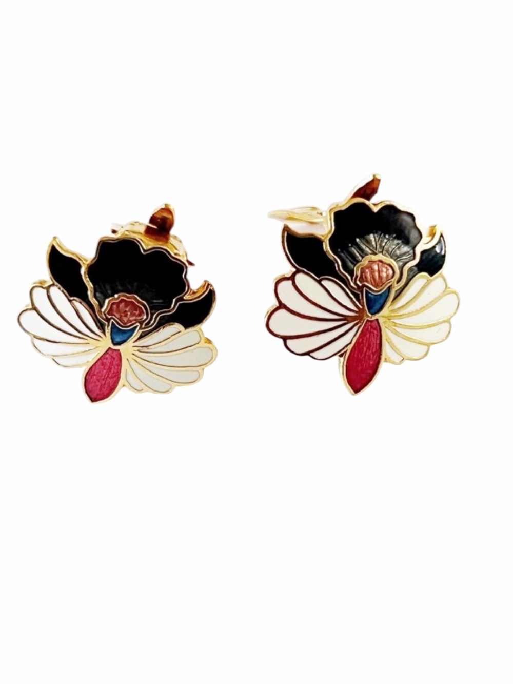 MVINTAGE 80'S CLOISONNE LOTUS ORCHID STYLE FLORAL Clips EARRINGS